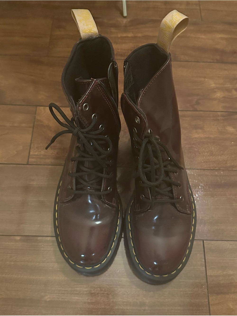 Dr. Martens Cherry Red Lace-Up Leather Combat Boots with Yellow Stitching